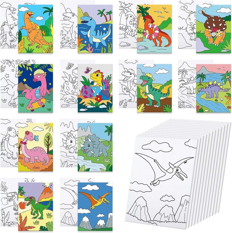 Anseal 12 Packs Animals Pre Drawn Canvas to Paint, 5" X 7" Dinasour Pre Printed Canvas, Pre Stretched Canvas Outline Painting Boards for Beginners, Party Favor - Image 1